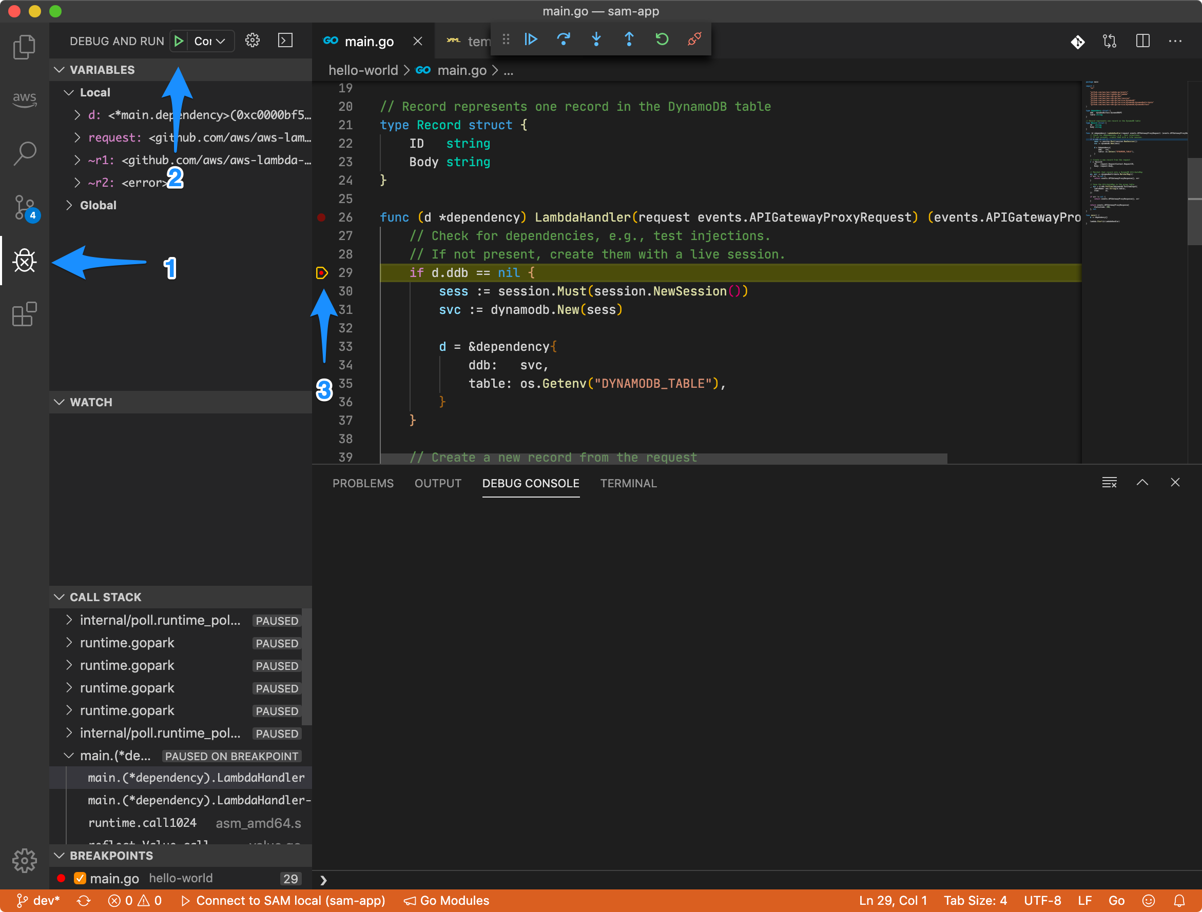 Screen capture of Visual Studio Code debugger tab