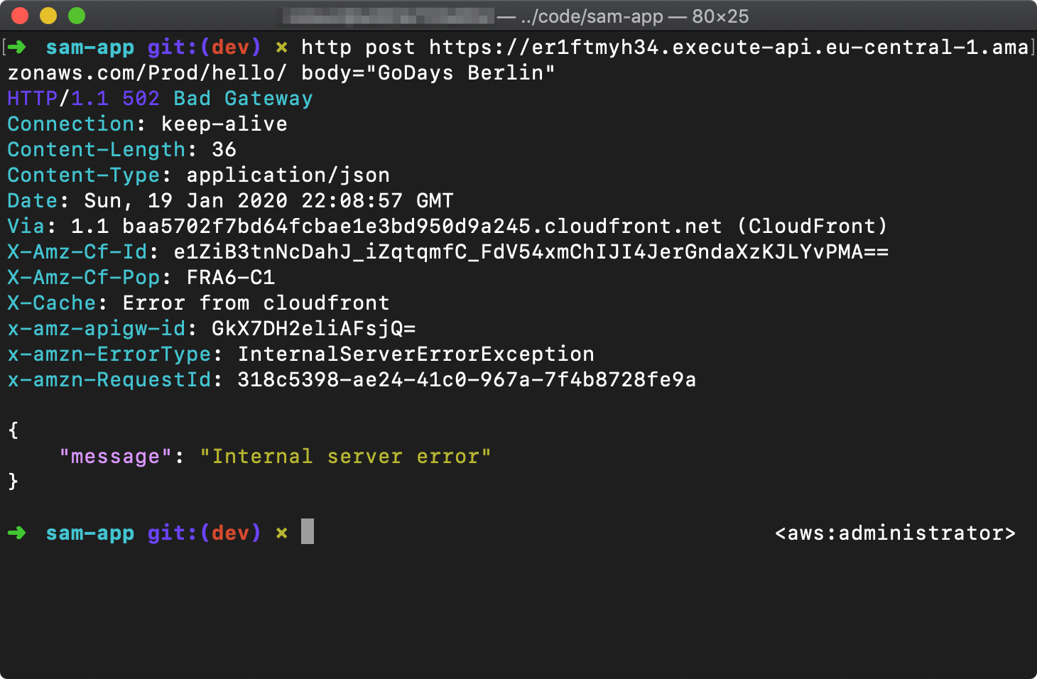 Terminal window showing an http call returning a 502 error