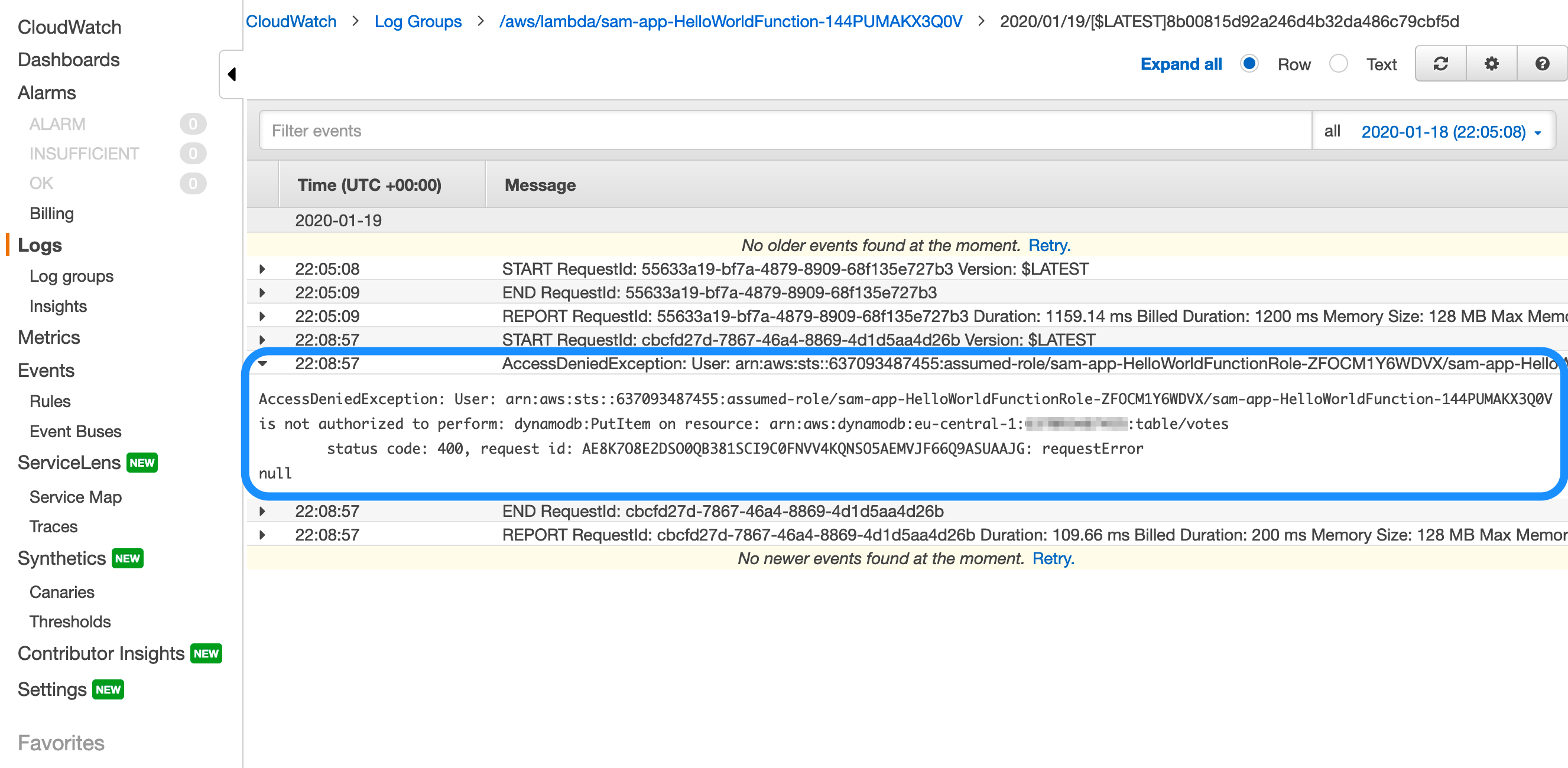 Screen capture of Amazon CloudWatch Logs console showing AccessDeniedException detail