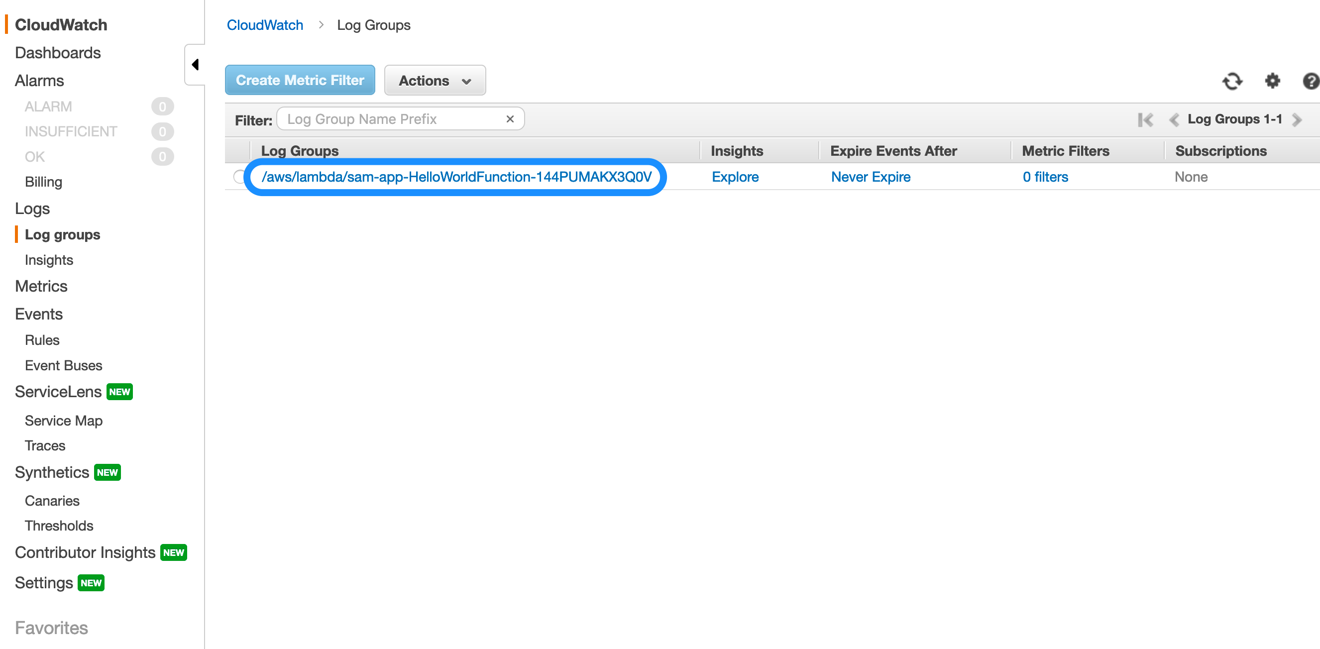 Screen capture of Amazon CloudWatch Logs console showing log groups