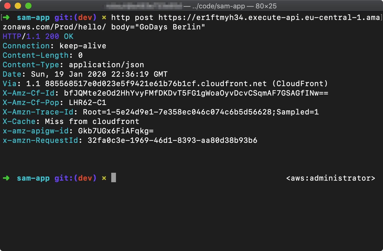 Terminal window showing the results of HTTP POST after deploying a new IAM policy