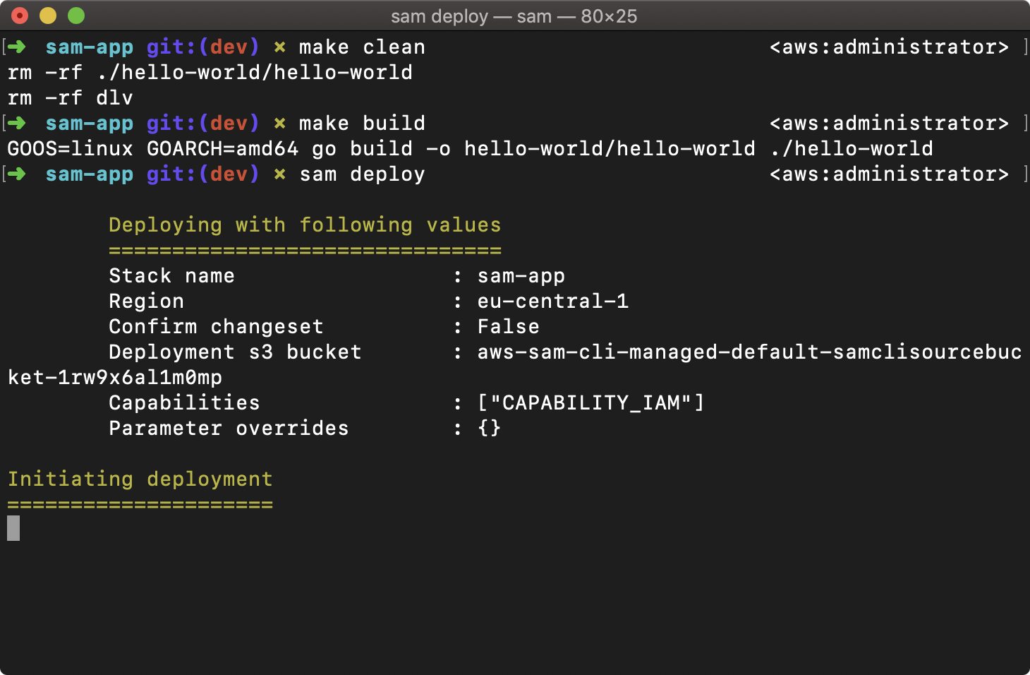 Terminal window showing sam deploy run for a second time