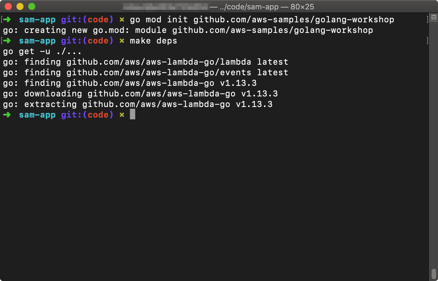 Terminal showing results of 'go mod init' and 'make deps' commands.
