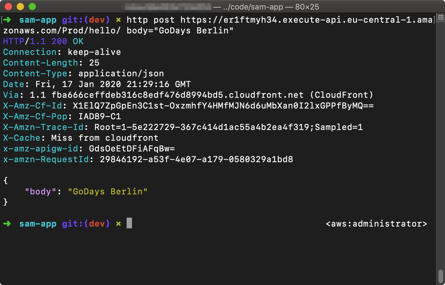 Terminal showing results of 'http post' command.
