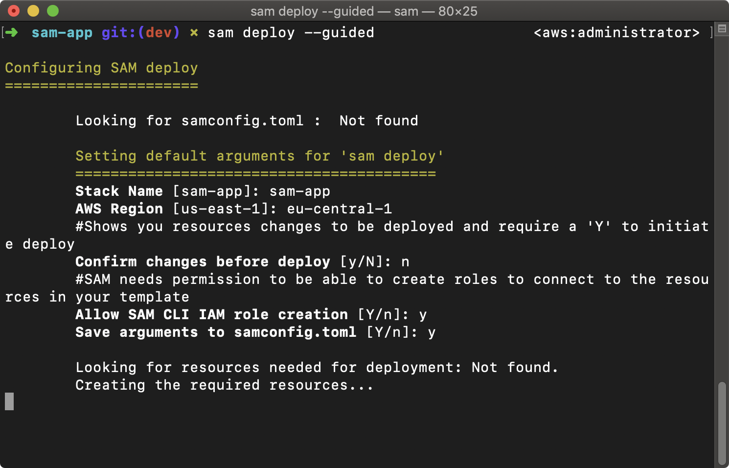 Terminal showing results of 'sam deploy --guided' command.