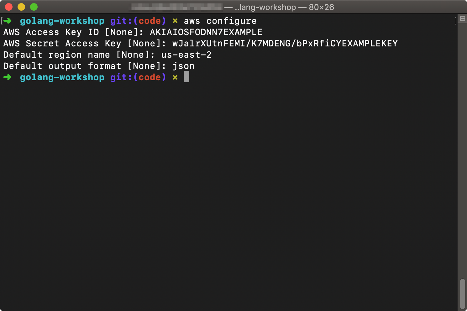 A screen capture of output of 'aws-configure' in a terminal window