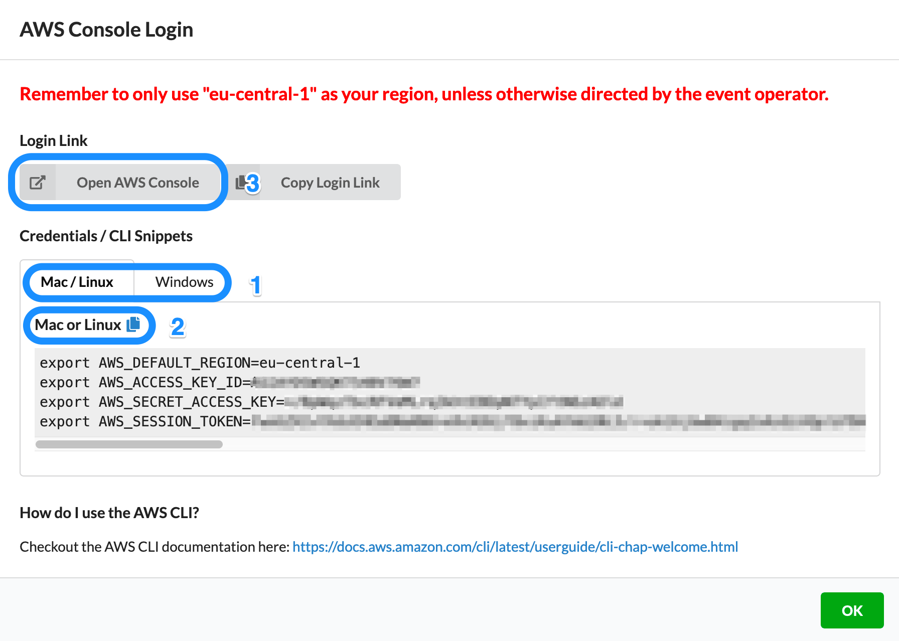 A screen capture of the Event Engine AWS Management Console login