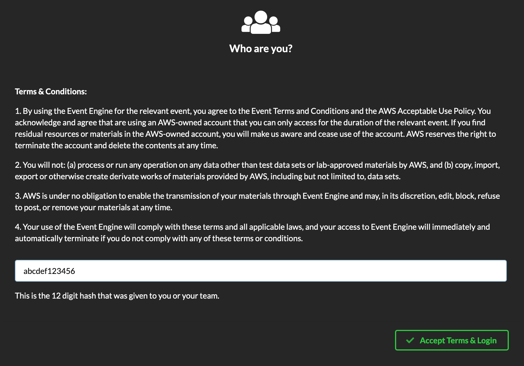 A screen capture of the Event Engine terms and conditions and login screen